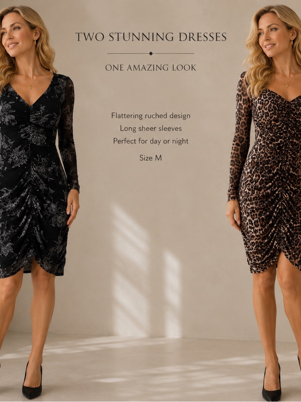 TWO Guess Long Sleeve Ruched V-Neck Dresses - Black Floral & Brown Leopard